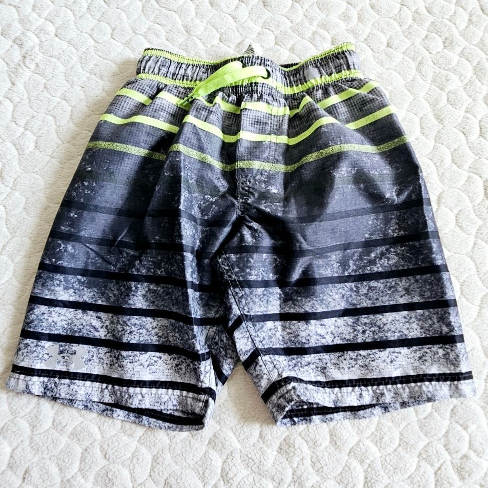Under Armour boys swim trunks small grey lime green striped stripes